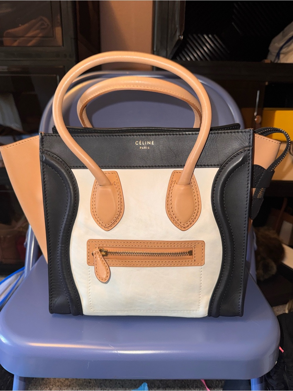 Celine Tricolour Luggage Tote - Black, White & Tan